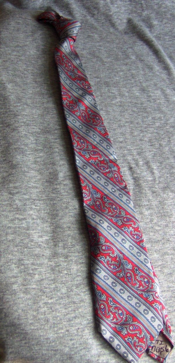 Red, silver, blue, white, and tan Necktie-TI 7056- paisley print ;silk stripe